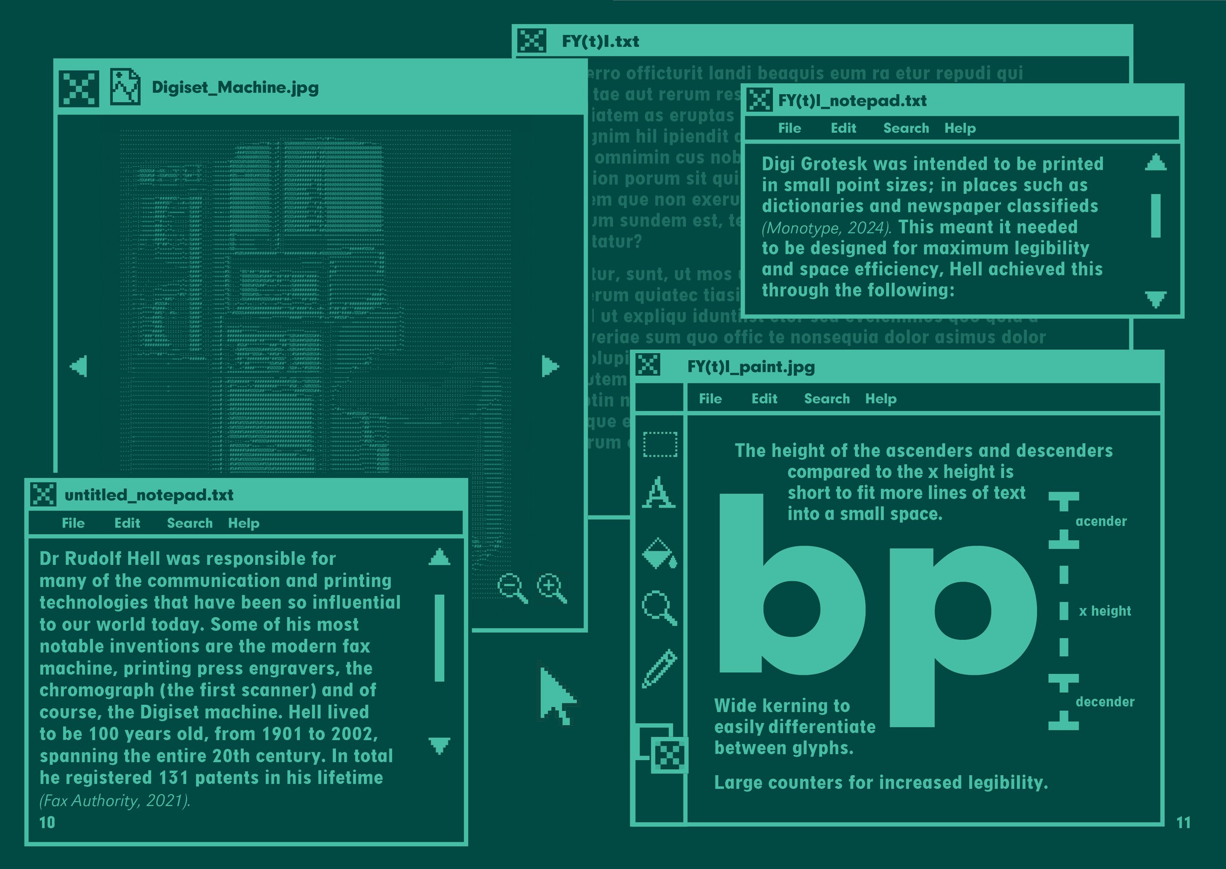 A computer screen displaying multiple overlapping windows with text and images. The windows contain text files and images related to typography and printing, with some illustrations of letters and their structures. The background is teal, and the interface has icons and menu options.