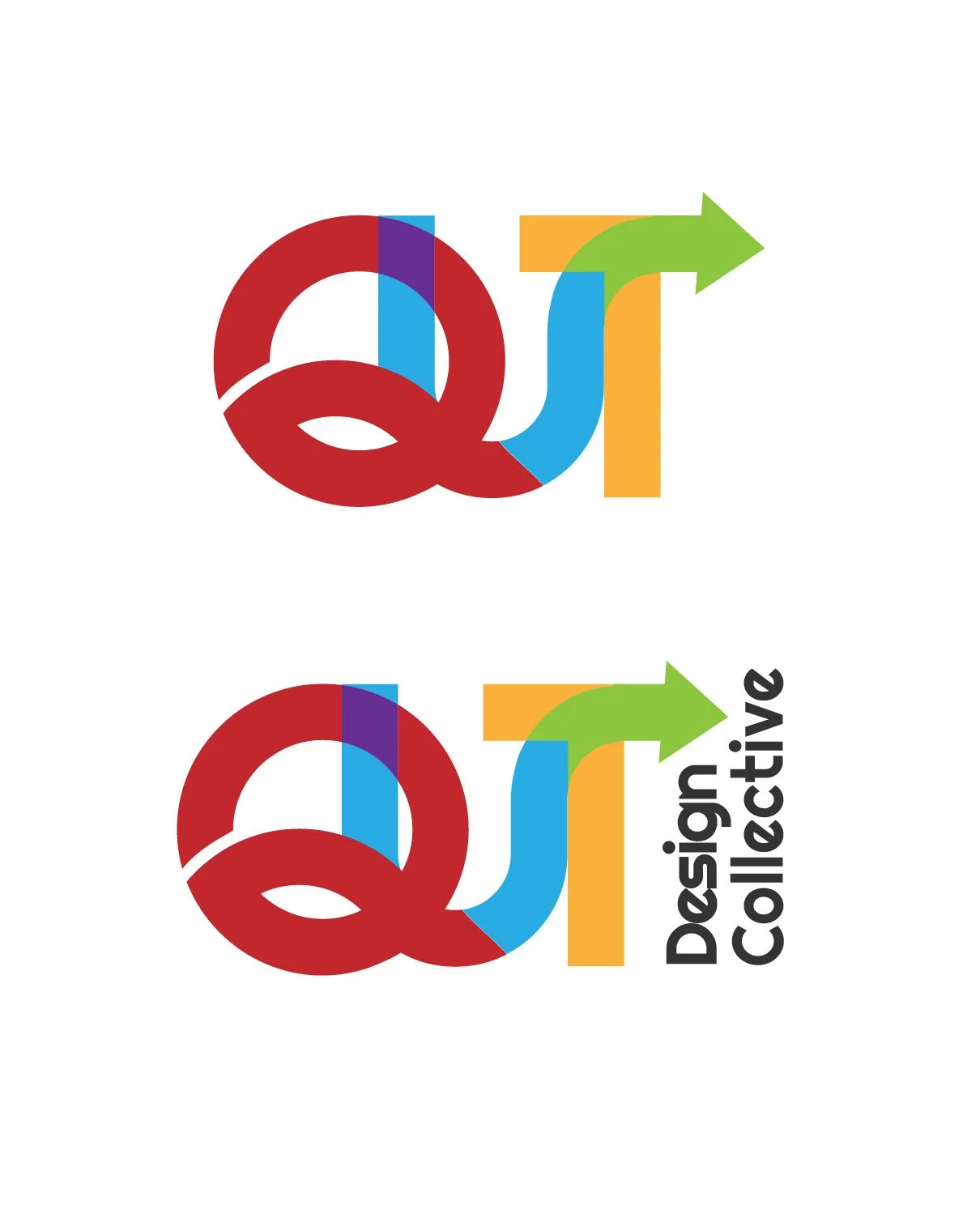 Logo with a red, blue, purple, green, and orange design and the words "Design Collective" with an upward arrow.