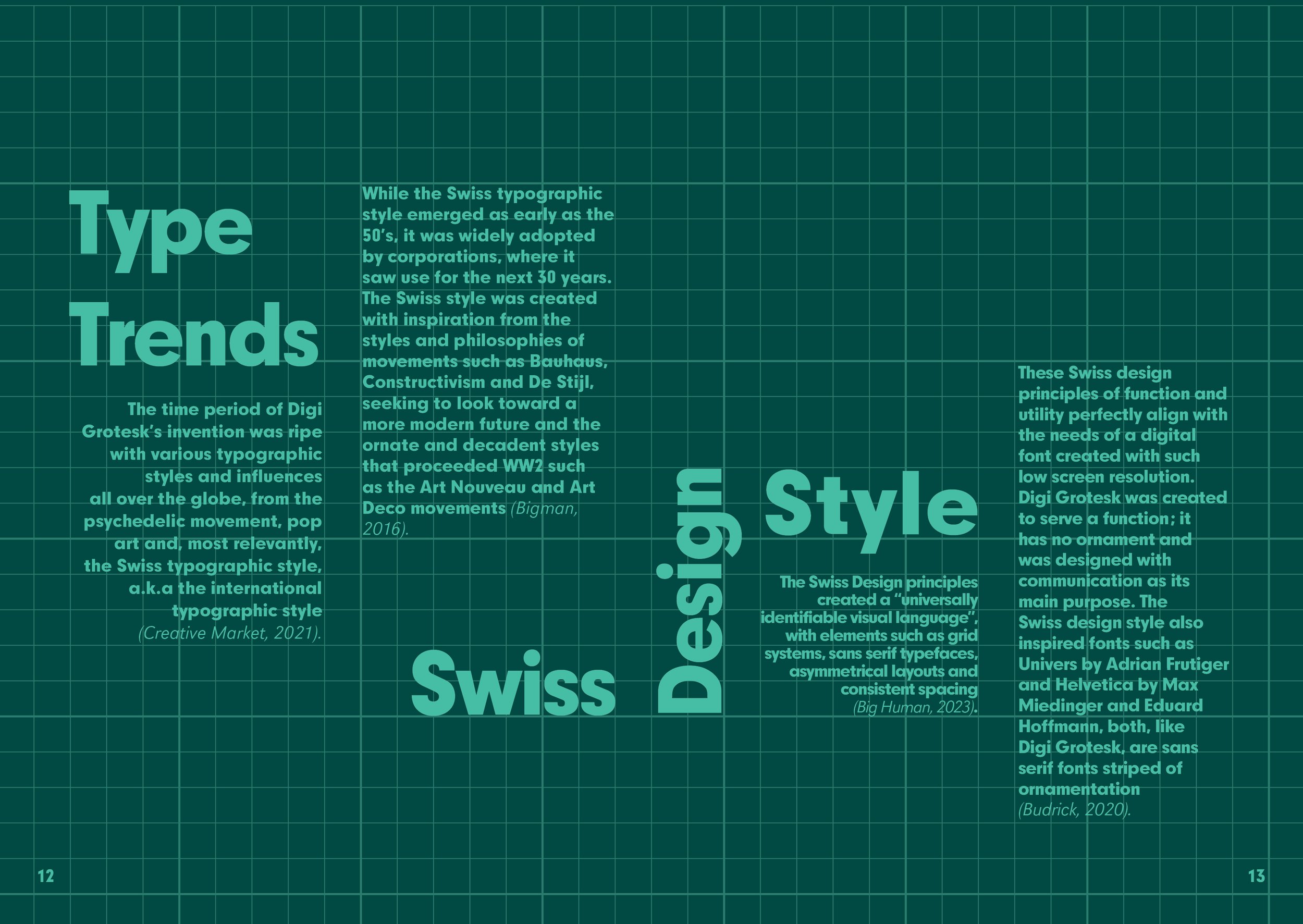 Text-heavy 2 page spread about Swiss design trends, elements, and principles, laid out on a grid background, with large headings and smaller paragraphs explaining style influences and characteristics.