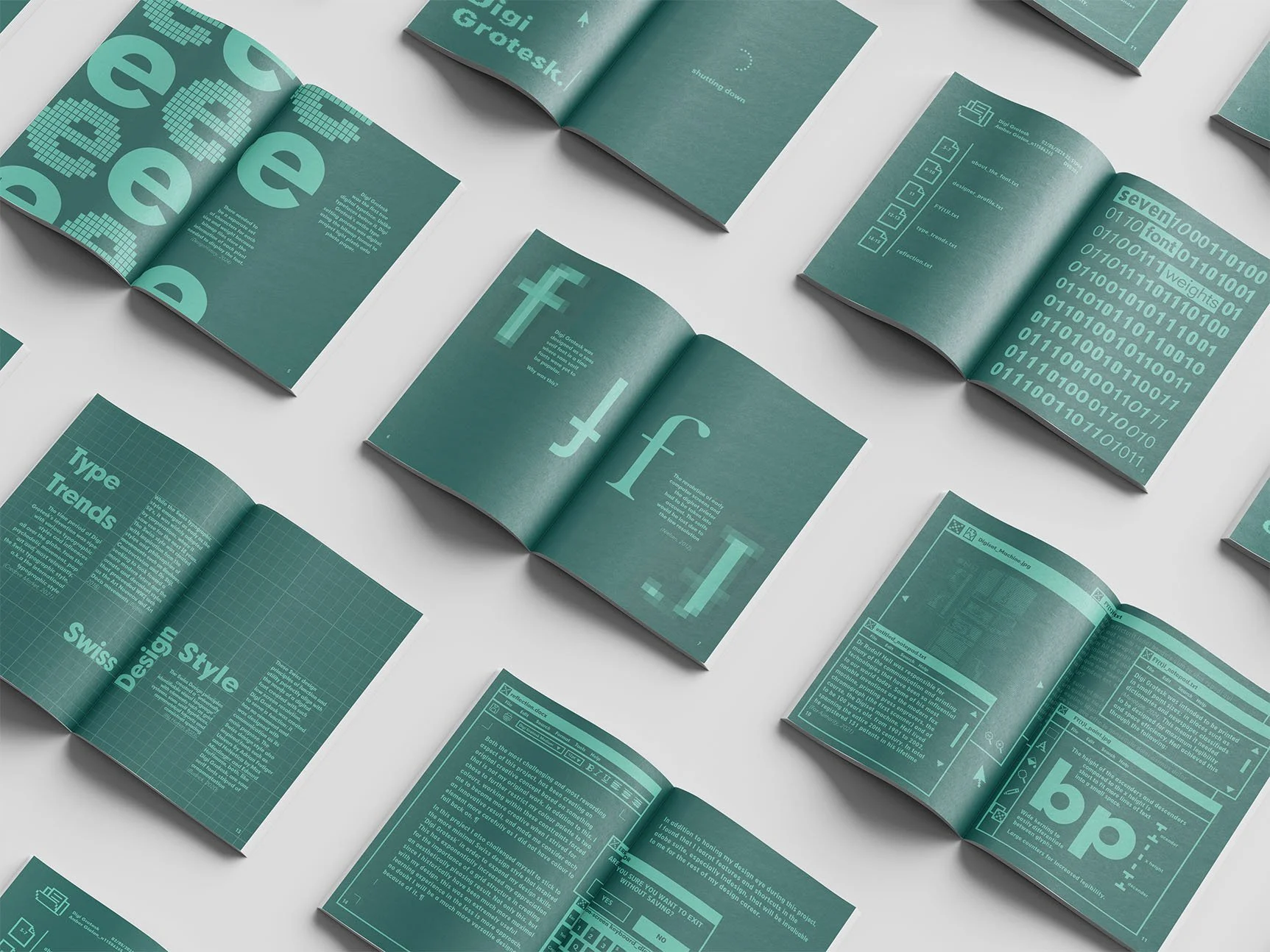 Top view of a typographic zine displaying digi grotesk font