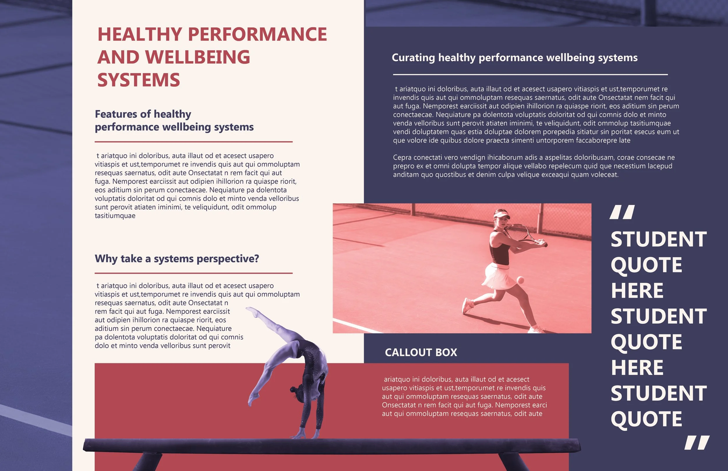 A flyer about healthy performance and wellbeing systems. It includes sections of text, a photo of a girl playing tennis on a court, a gymnast performing a handstand on a balance beam, and a placeholder for a student quote. The layout has a cream, navy, and red color scheme with bold headings and a callout box.