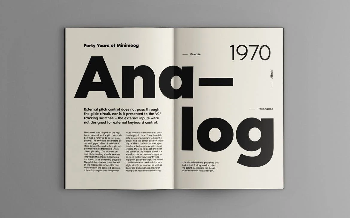 Open magazine spread showing large bold the words "Analog" and the year "1970", with smaller text describing technical details and history, on a gray background.