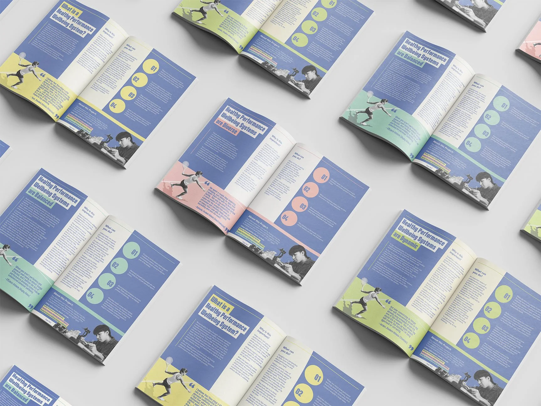 Open magazines with health and fitness articles on a white surface, featuring colorful pages with text and images of a person exercising.