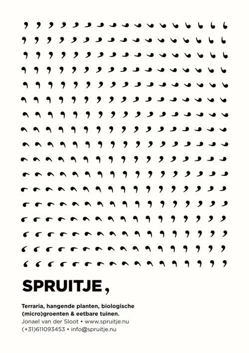 A promotional poster for Spruitje, a company that offers terrarium and edible microgreens. It features an abstract pattern of small black shapes resembling microgreens or sprouts, with the company name "SPRUITJE" in bold black text at the bottom.