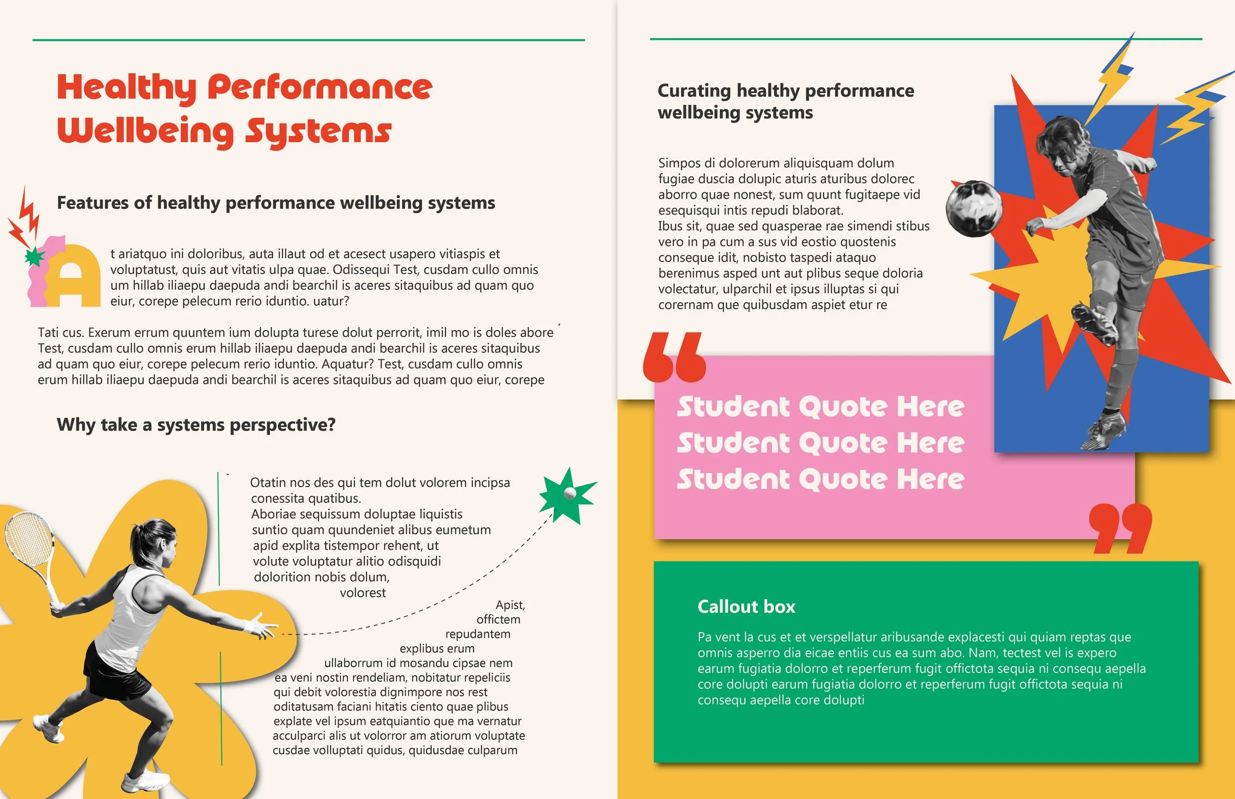 A colorful promotional flyer or brochure for healthy performance wellbeing systems with sections of text, a photo of a woman playing tennis, a graphic of a boy kicking a soccer ball with comic-style starburst backgrounds, and a callout box with placeholder text.