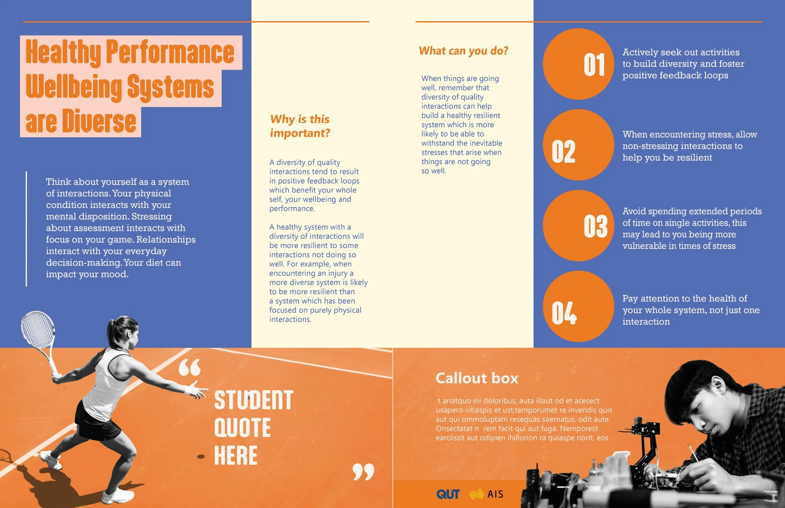 A colorful informational flyer titled 'Healthy Performance Wellbeing Systems are Diverse.' The poster also includes images of a female tennis player and a person working on electronic equipment.