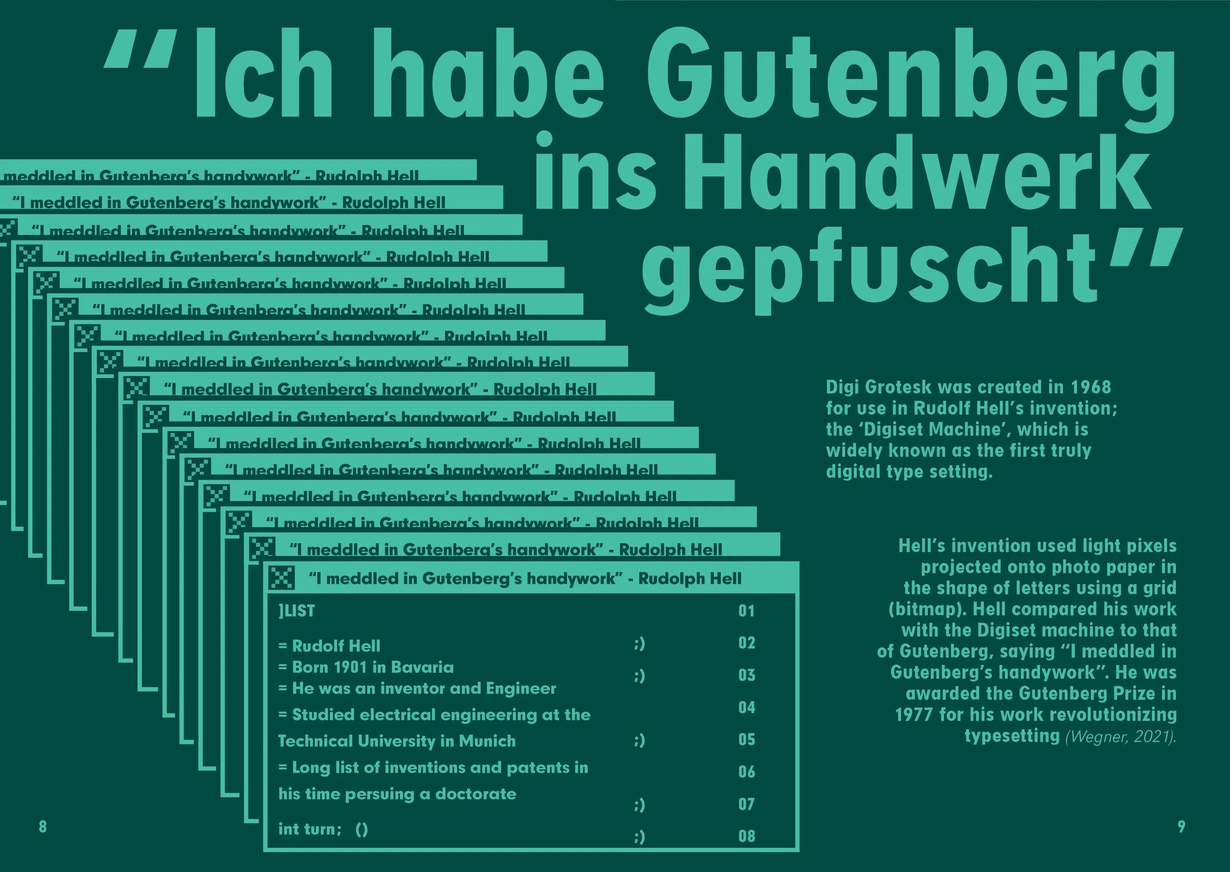 A graphic illustration of repeated text boxes with the title 'Ich habe Gutenberg ins Handwerk gepfuscht,' referencing Rudolf Hell's creation of the digi-set machine in 1968.