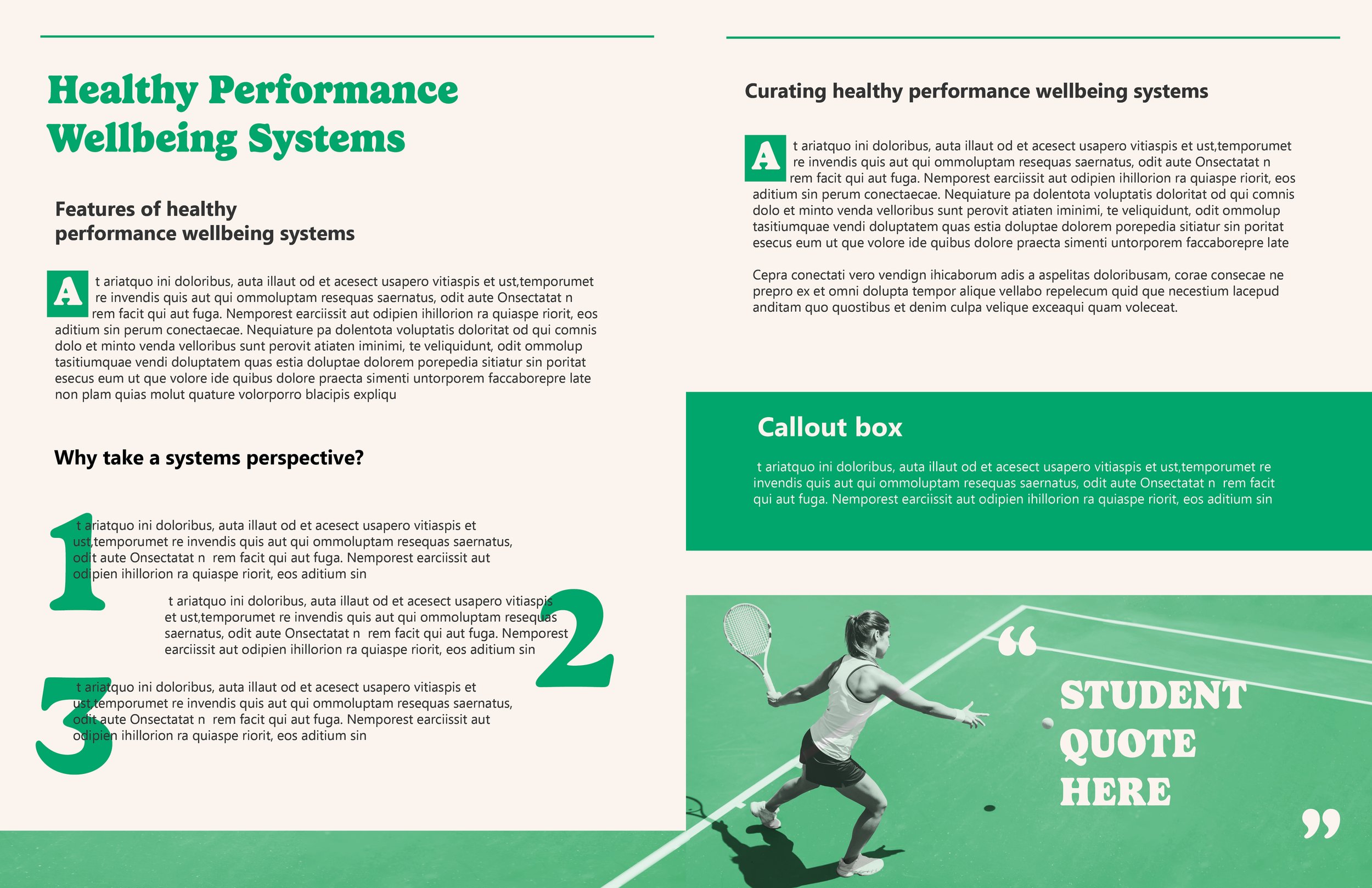 An monochrome informational flyer titled 'Healthy Performance Wellbeing Systems' with sections of text, a green callout box, and a black and white image of a woman playing tennis.