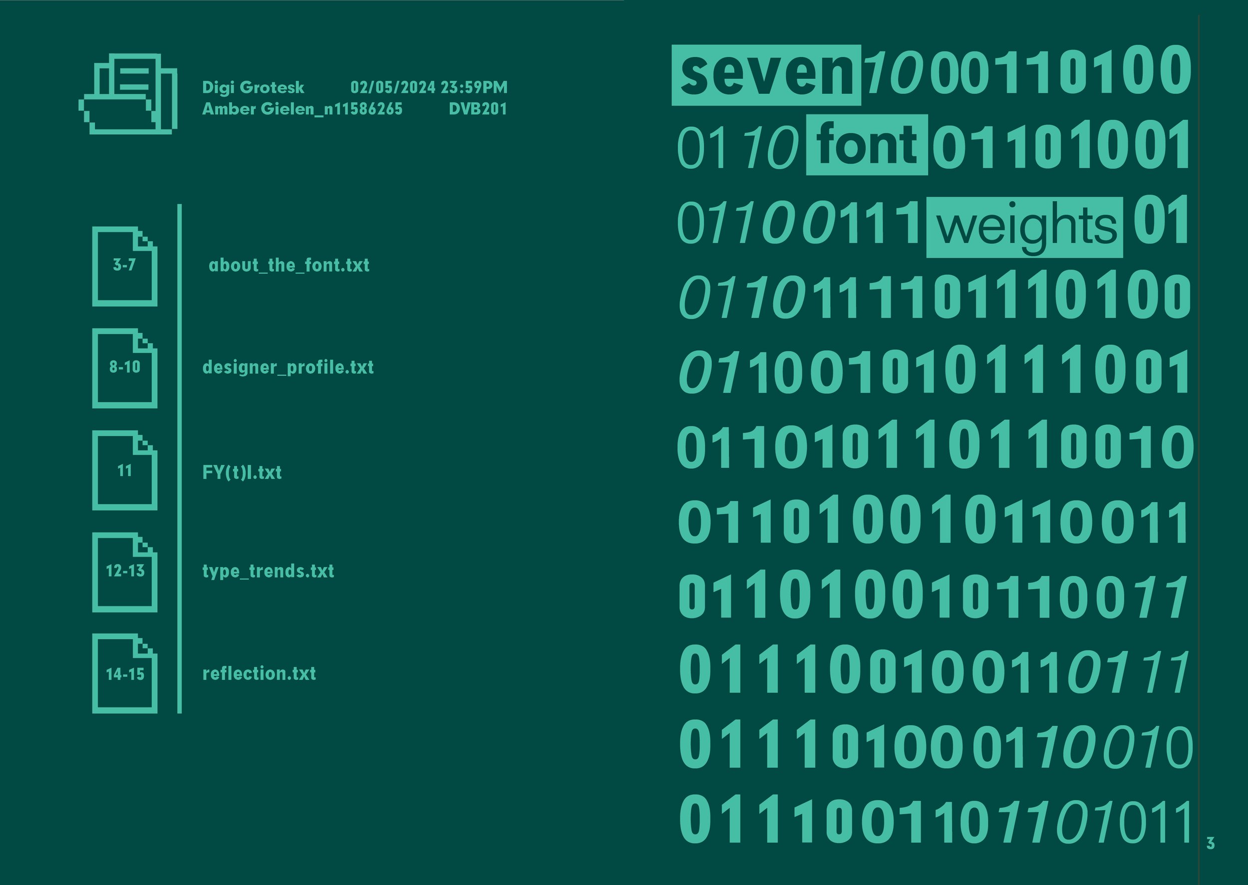 Page 2 and 3 of the Digi Grotesk Typographic Zine resembling a computer terminal with binary code, file icons and a contents page.