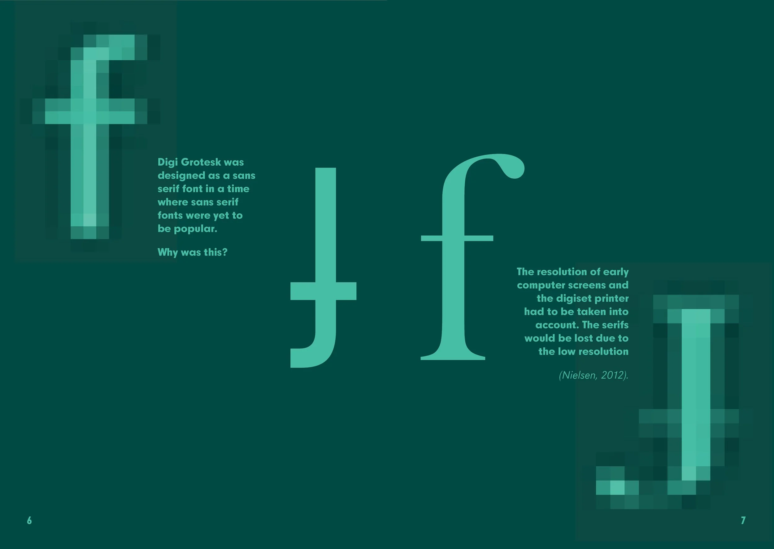 A digital design comparing the letter 'f' in two fonts, DigI Grotesk and a serif font, with text describing the historical reasons for their design differences.