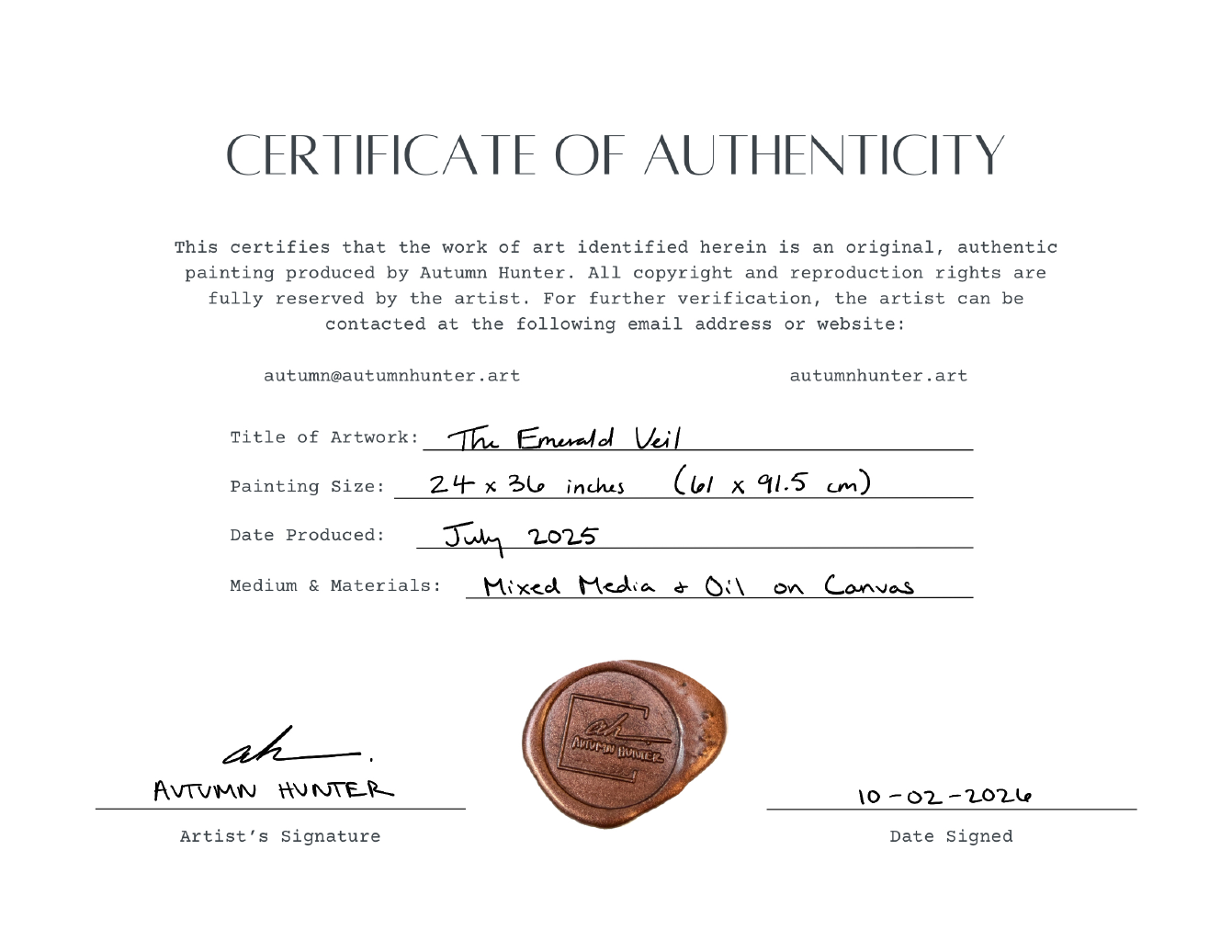 Certificate of authenticity for The Emerald Veil