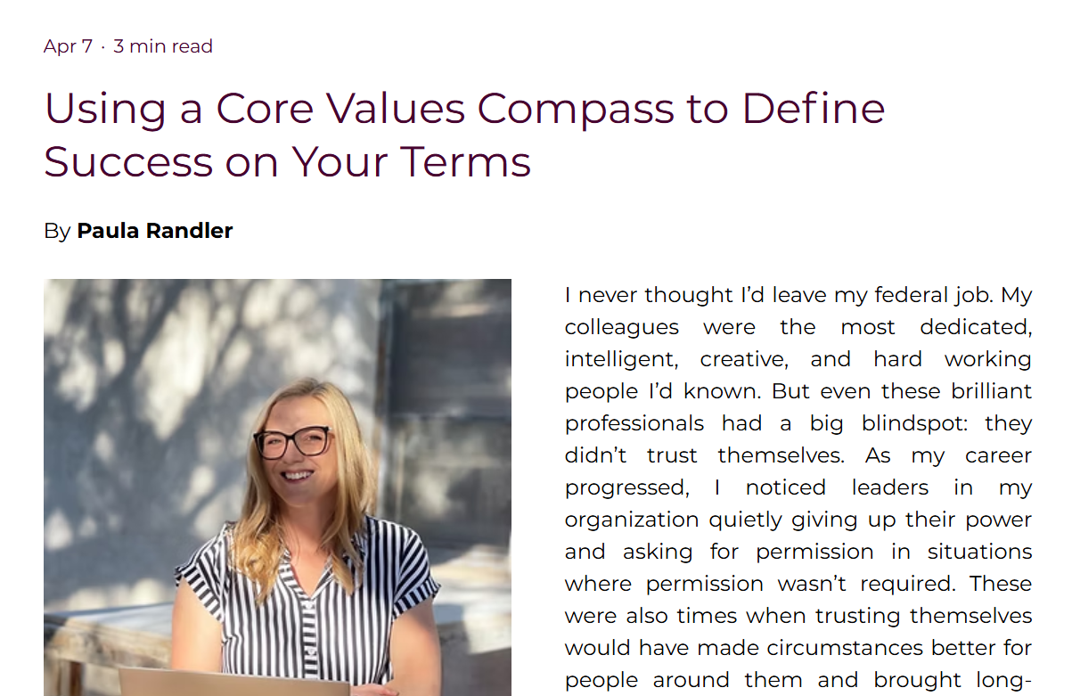 Screenshot of the top article on She Rises, including the title: Using a Core Values Compass to Define Success on Your Terms.