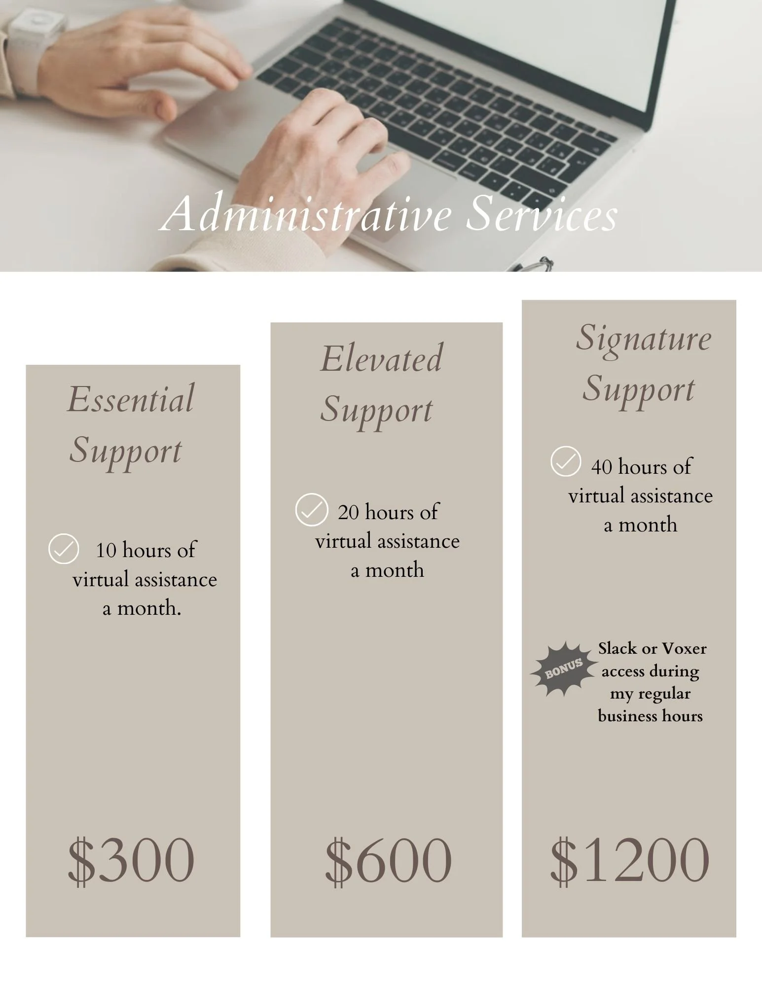 Pricing plan comparison for administrative services with three columns labeled Essential Support, Elevated Support, and Signature Support, including details and prices, with a person working on a laptop in the background.