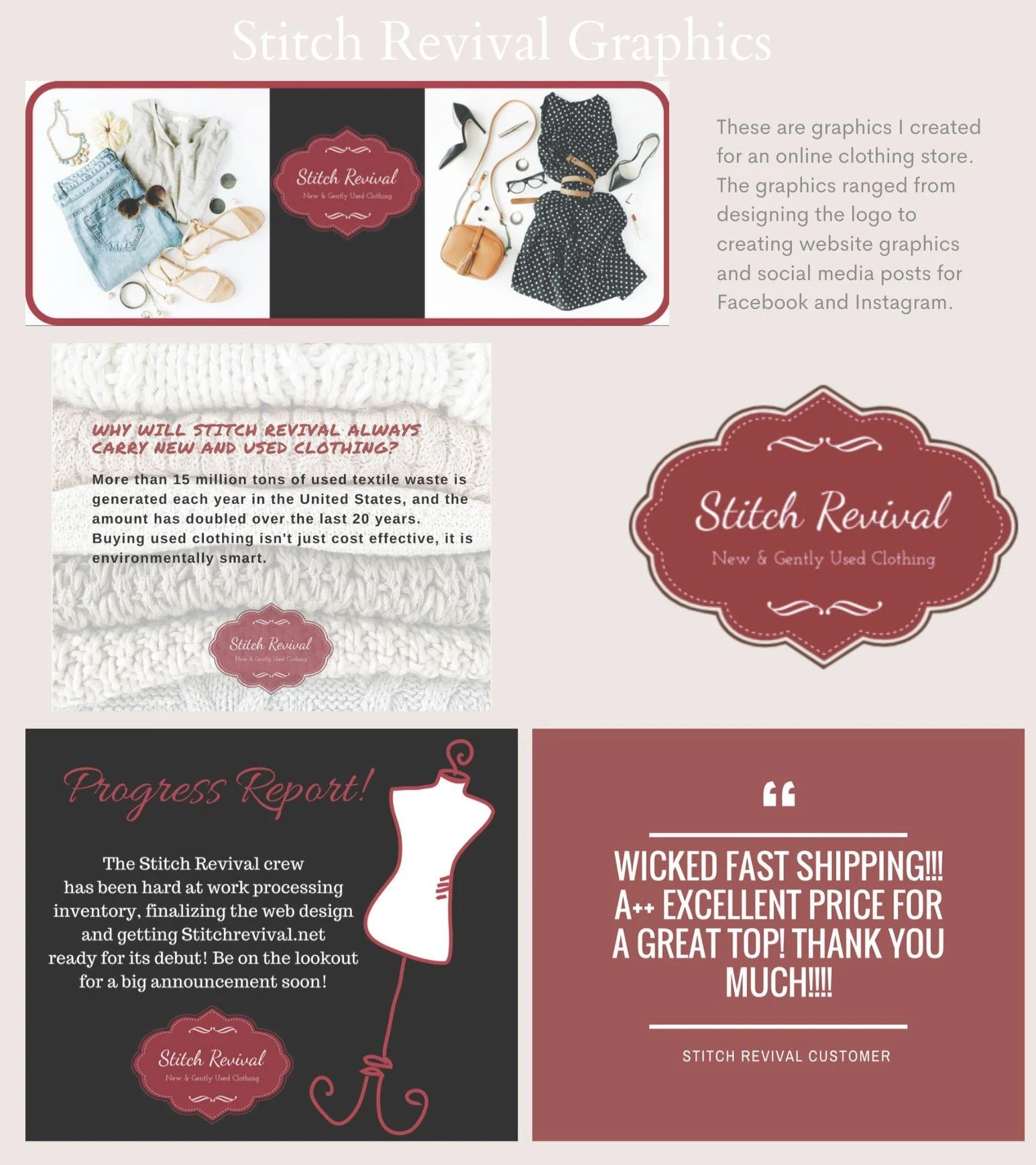 An infographic about Stitch Revival Graphics, a store selling new and gently used clothing. The infographic includes images of clothing and accessories, a logo, a progress update, and customer praise.