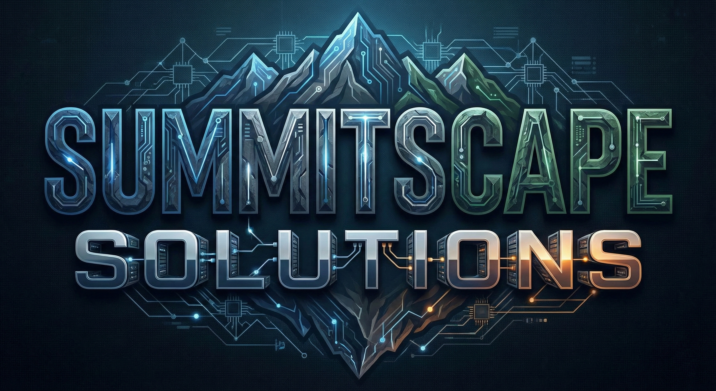 A logo featuring the "Summitscape Solutions" company name against a mountain range background, all in a stylized electronic color palette and design theme