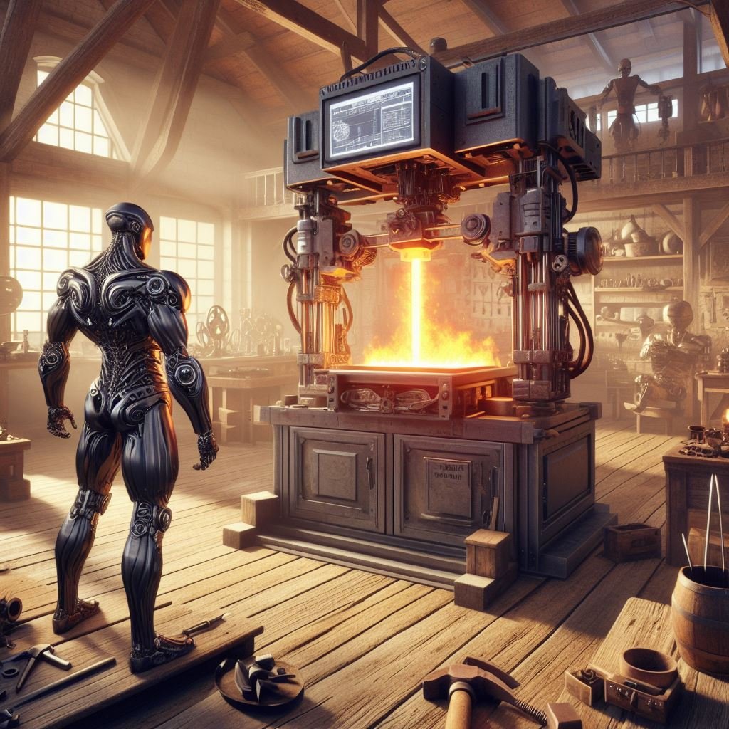 rustic shop with a large machine in the middle.  This machine is a cross between a medieval metal forge and a modern 3d printer, the printhead mounted on a gantry and spewing molten material.  An android observes the forge