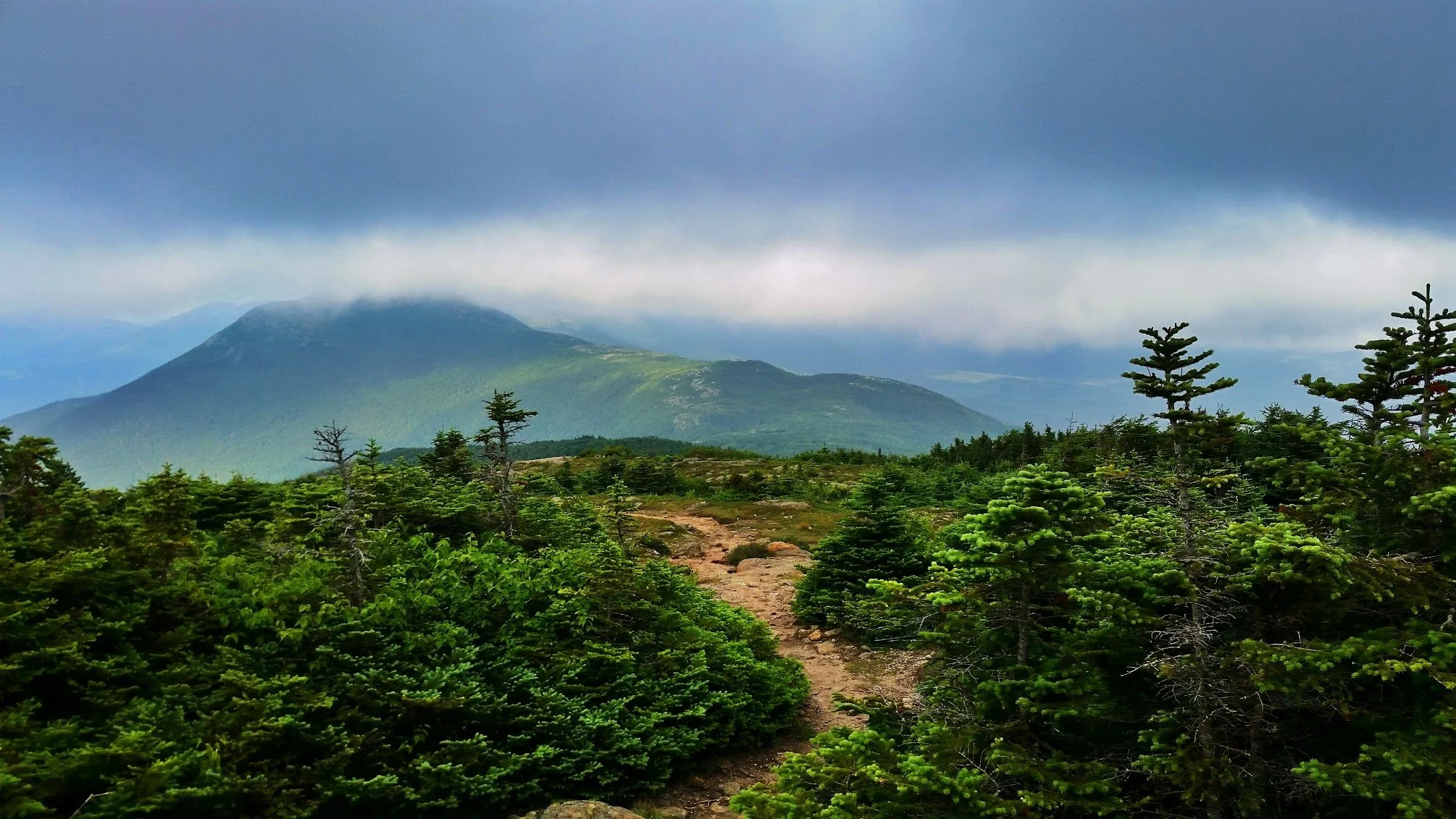 Mountain landscape with a cloudy sky, lush green trees, and a dirt hiking trail.