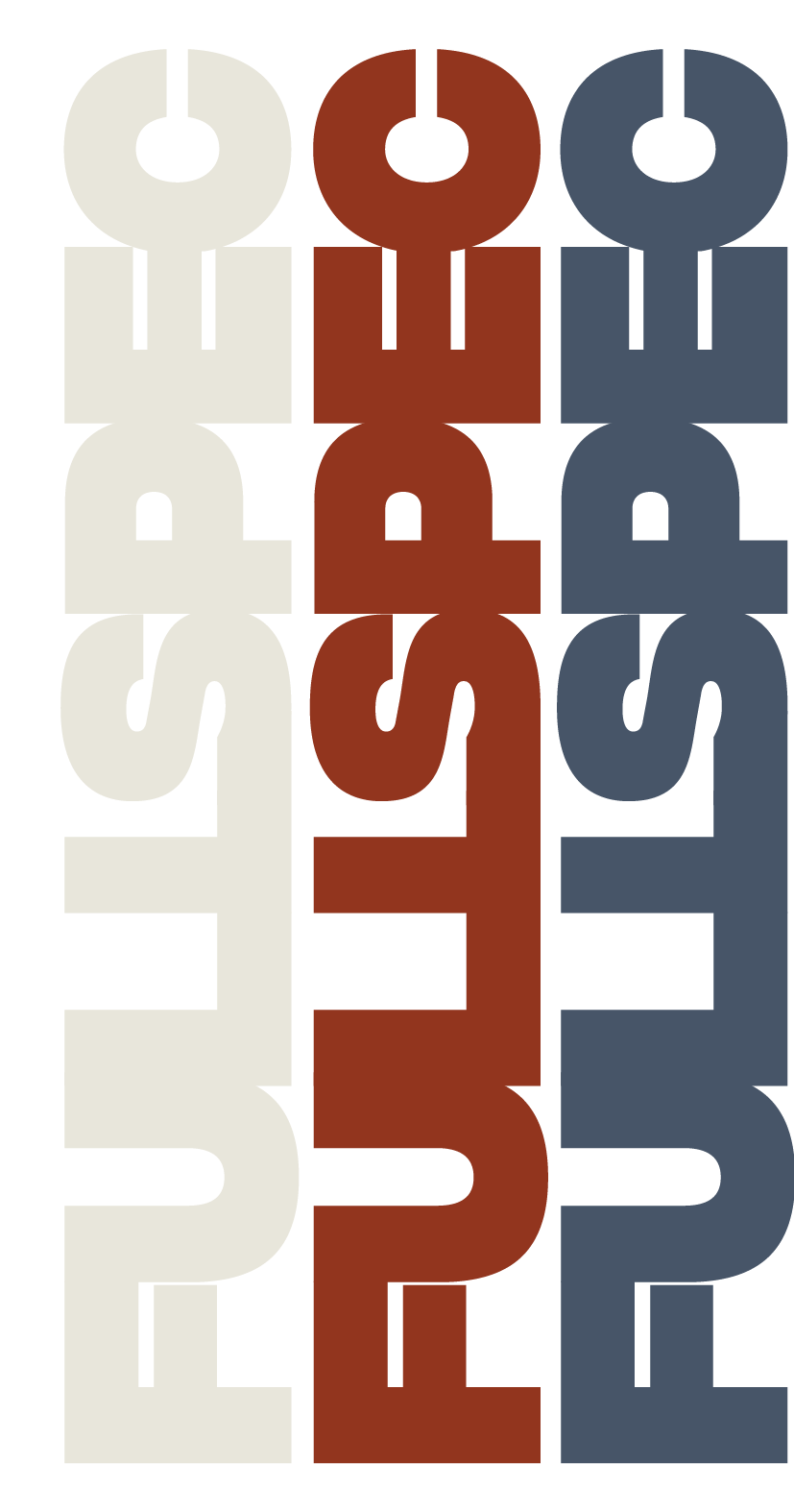 The words "FULLSPEC" written in a vertical fashion with each letter stacked, in beige, red, and blue colors.