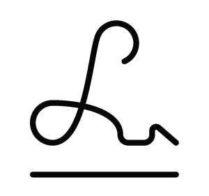 A black logo with a stylized lowercase letter 'L' and a curved line beneath it.