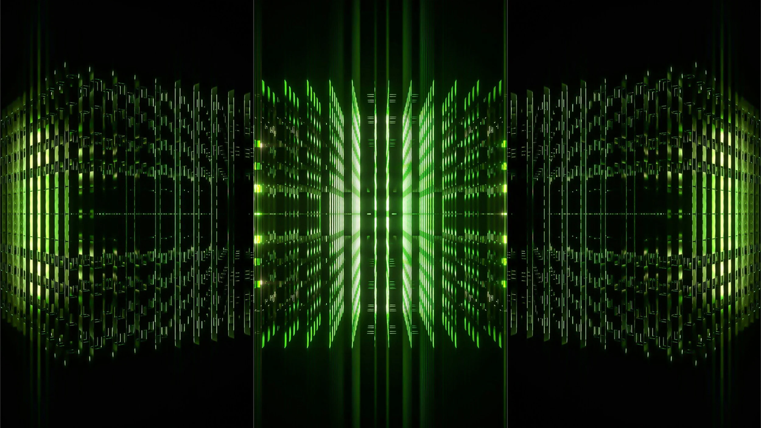 Digital green matrix-style pattern with vertical and horizontal lines forming a symmetrical geometric design against a black background.