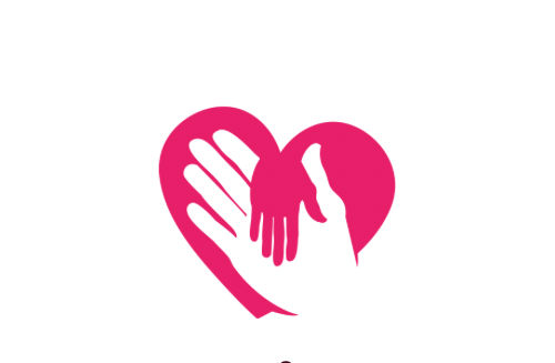 Pink heart with white and pink hand illustrations inside.