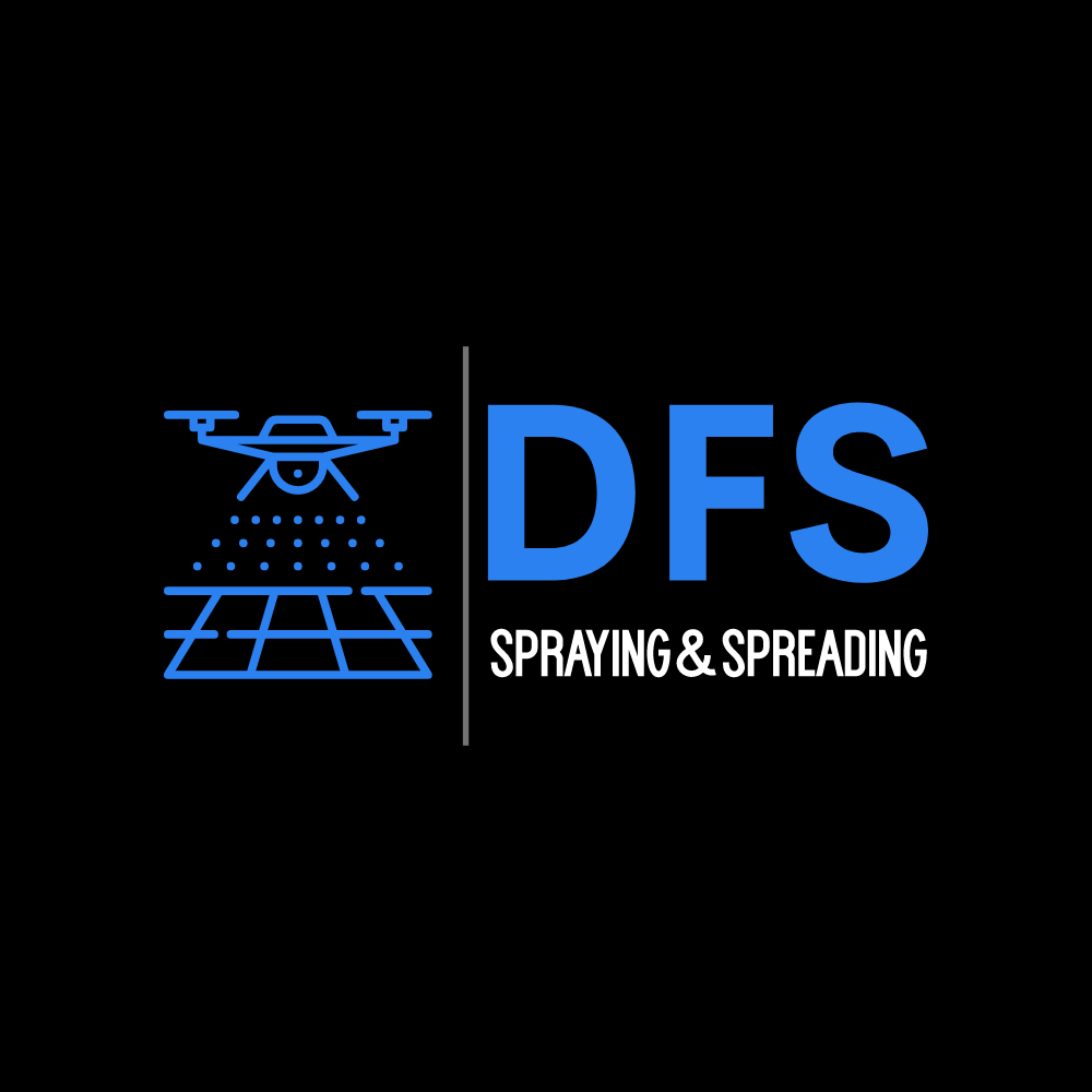 Logo with a drone spraying liquid onto a field, and the text 'DFS Spraying & Spreading' in blue and white.