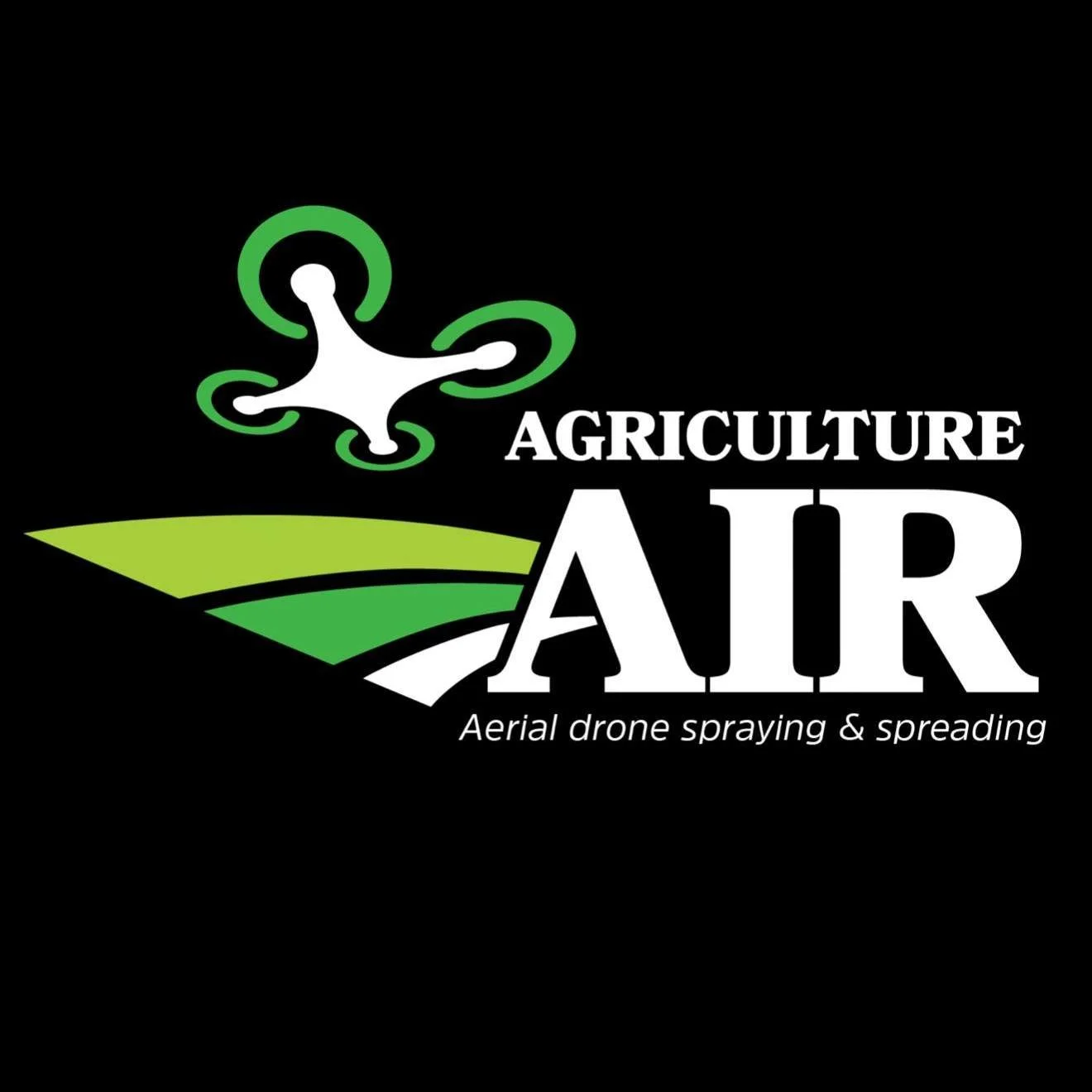 Logo for Agriculture Air featuring a stylized drone over farmland with green fields, black background, and text indicating aerial drone spraying and spreading services.
