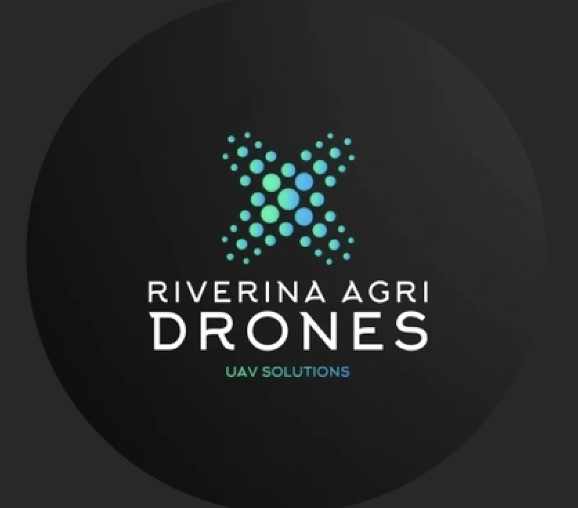 Logo for Riverina Agri Drones with a stylized drone made of blue and green dots, with the text "RIVERINA AGRI DRONES" and "UAV SOLUTIONS" underneath.
