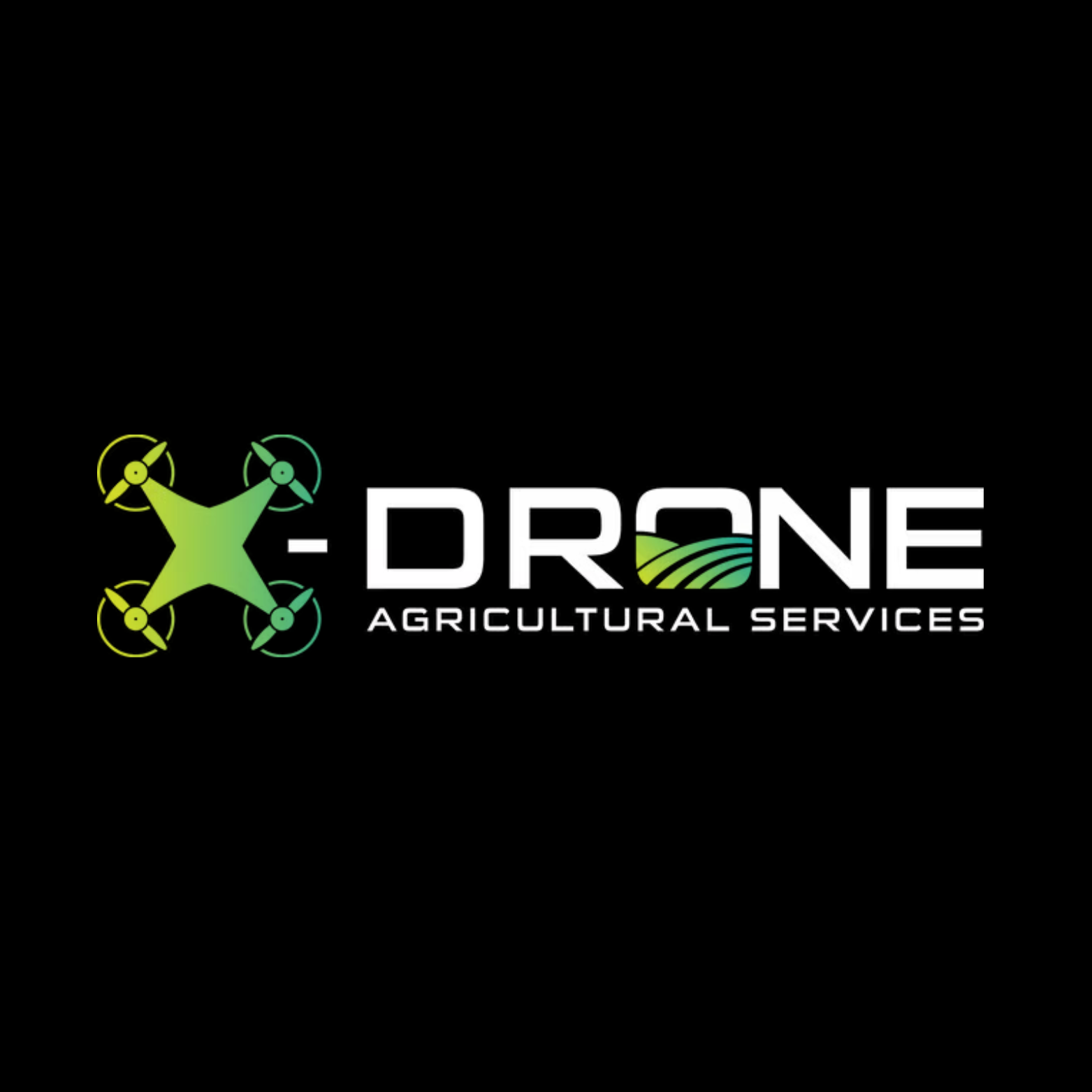 Logo for E-Drone Agricultural Services featuring a stylized drone with four rotors and green farm fields as part of the text.