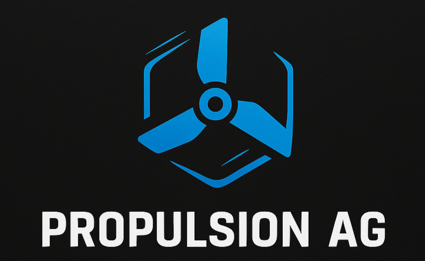 A logo with a blue propeller-like symbol above the words 'PROPULSION AG' on a black background.