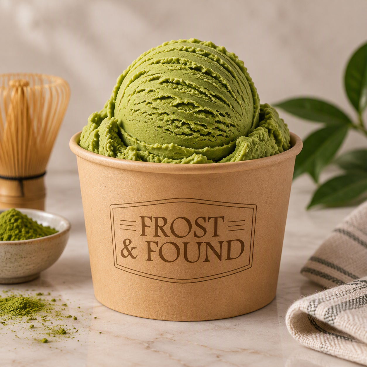 Scoop of matcha ice cream in a branded Frost & Found cup