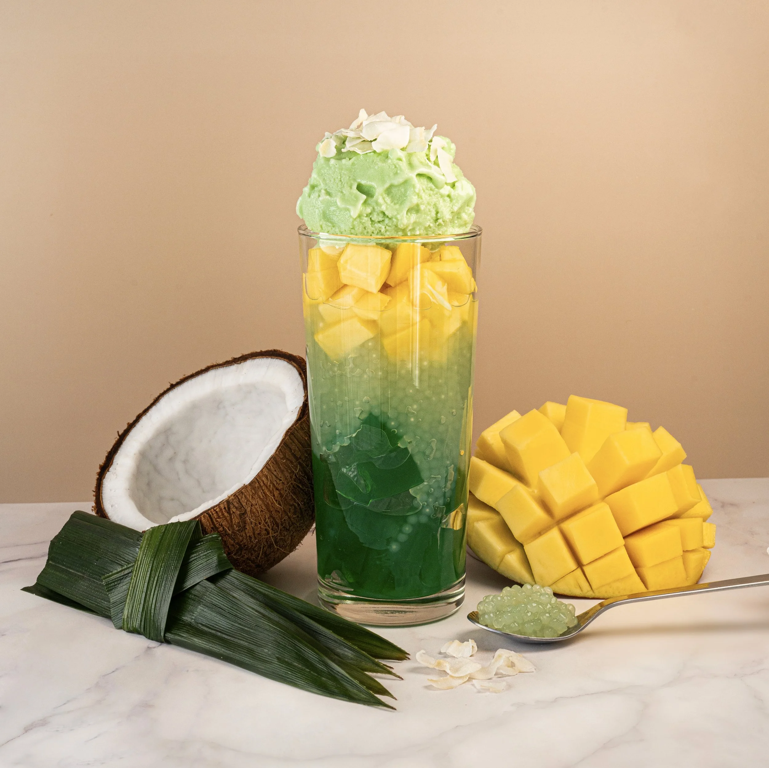 Iced Buko Pandan with pandan ice cream, sago pearls and fresh mango