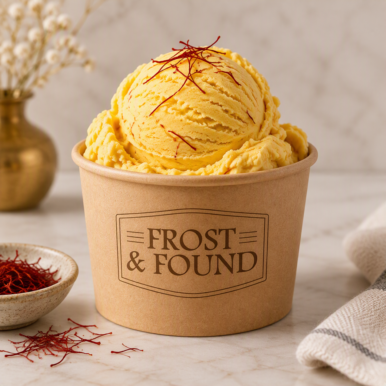Scoop of saffron ice cream in a branded Frost & Found cup.
