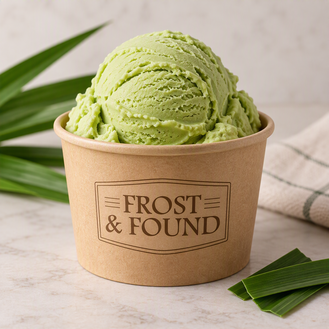 Scoop of pandan coconut ice cream in a branded Frost & Found cup