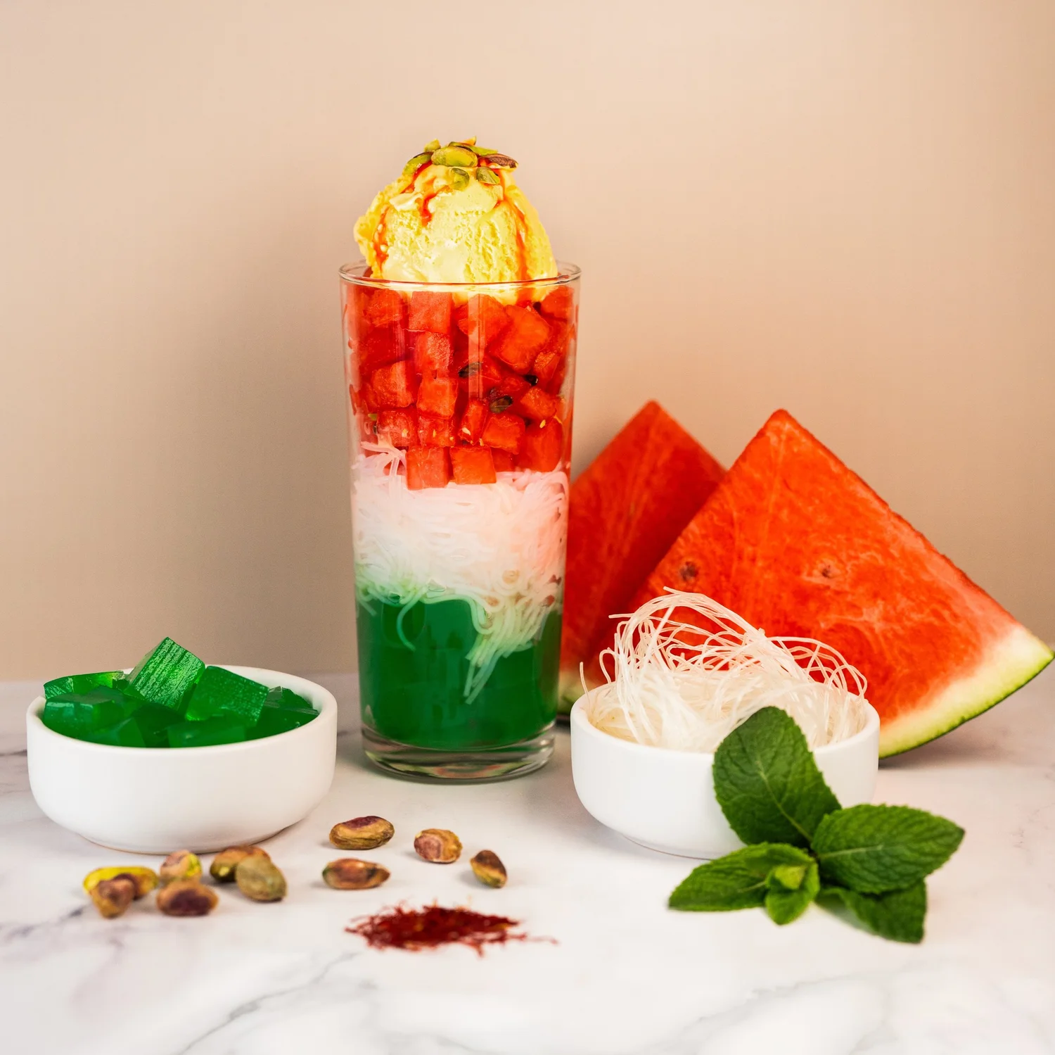 Faloodeh with saffron ice cream and fresh watermelon