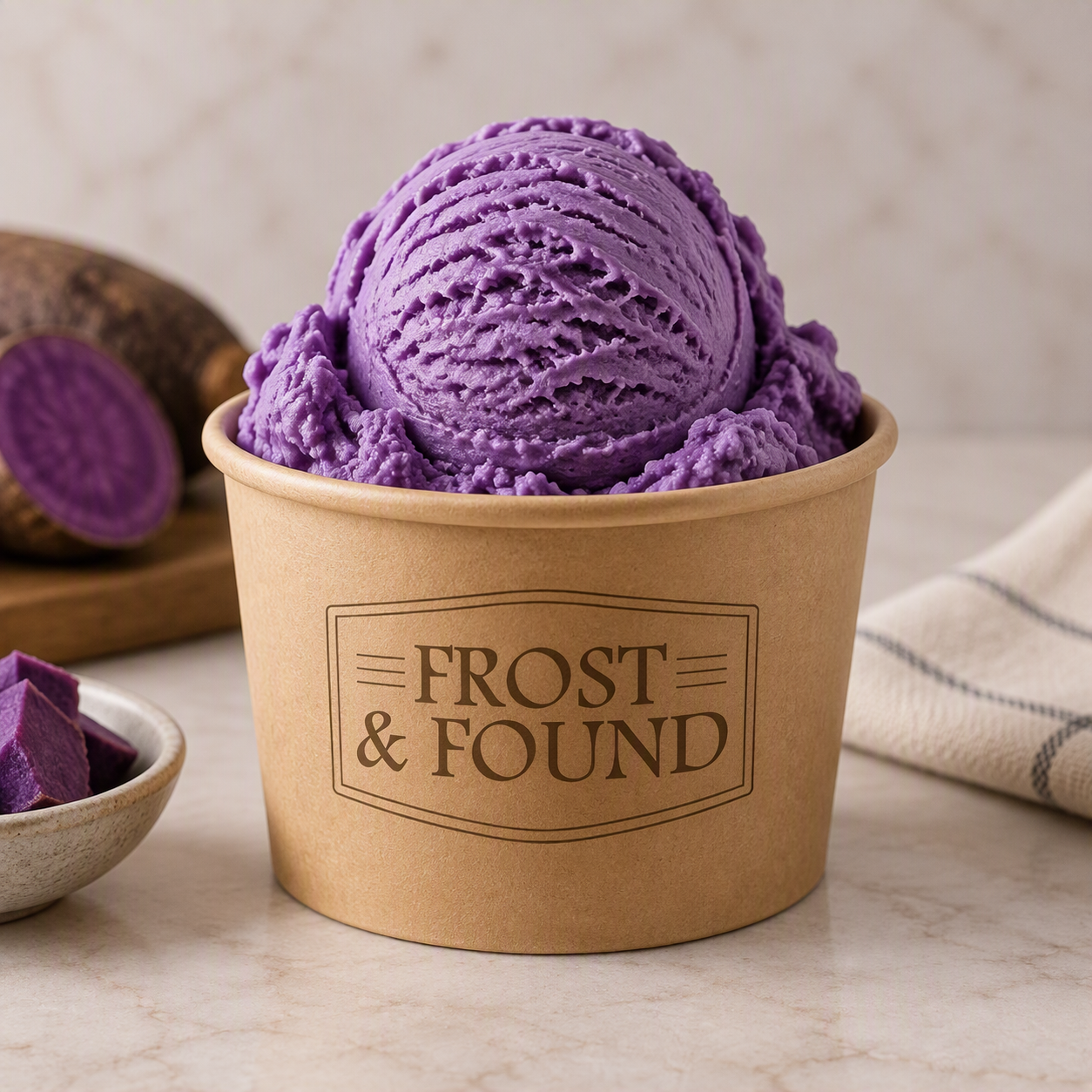 Scoop of ube ice cream in a branded Frost & Found cup