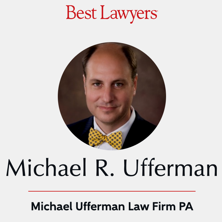 A promotional poster featuring Michael R. Ufferman, a lawyer at Michael Ufferman Law Firm PA, with a headshot of him wearing a suit and a yellow polka dot bow tie. The poster has the text 'Best Lawyers' at the top.