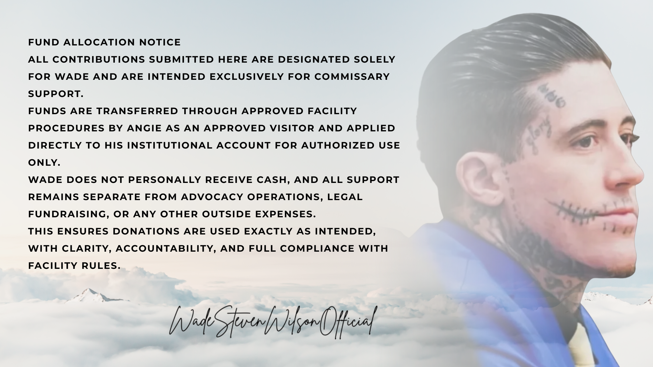 Fund allocation notice text overlay with a person with tattoos on the right side and mountains in the background.