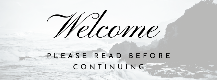 Welcome message overlaying a grayscale ocean scene with rocks and waves.