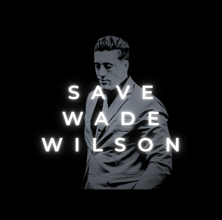 A black and white photo of a man in a suit with the text 'Save Wadon Wilson' glowing in front of him.