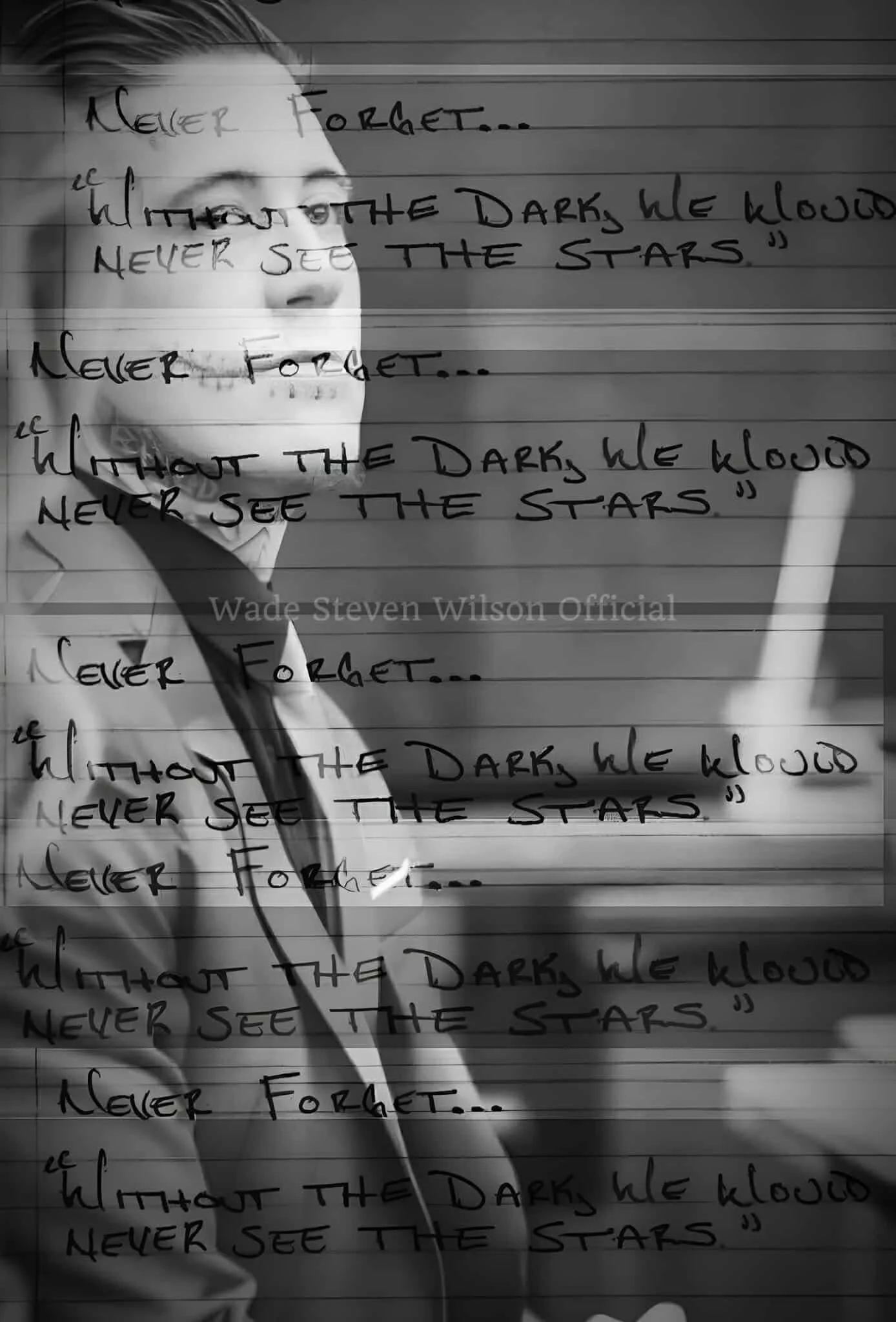 Black and white photograph of a man in a tuxedo, holding a smartphone, with handwritten quote overlaid that repeats 'Never forget... without the dark, we would never see the stars'.