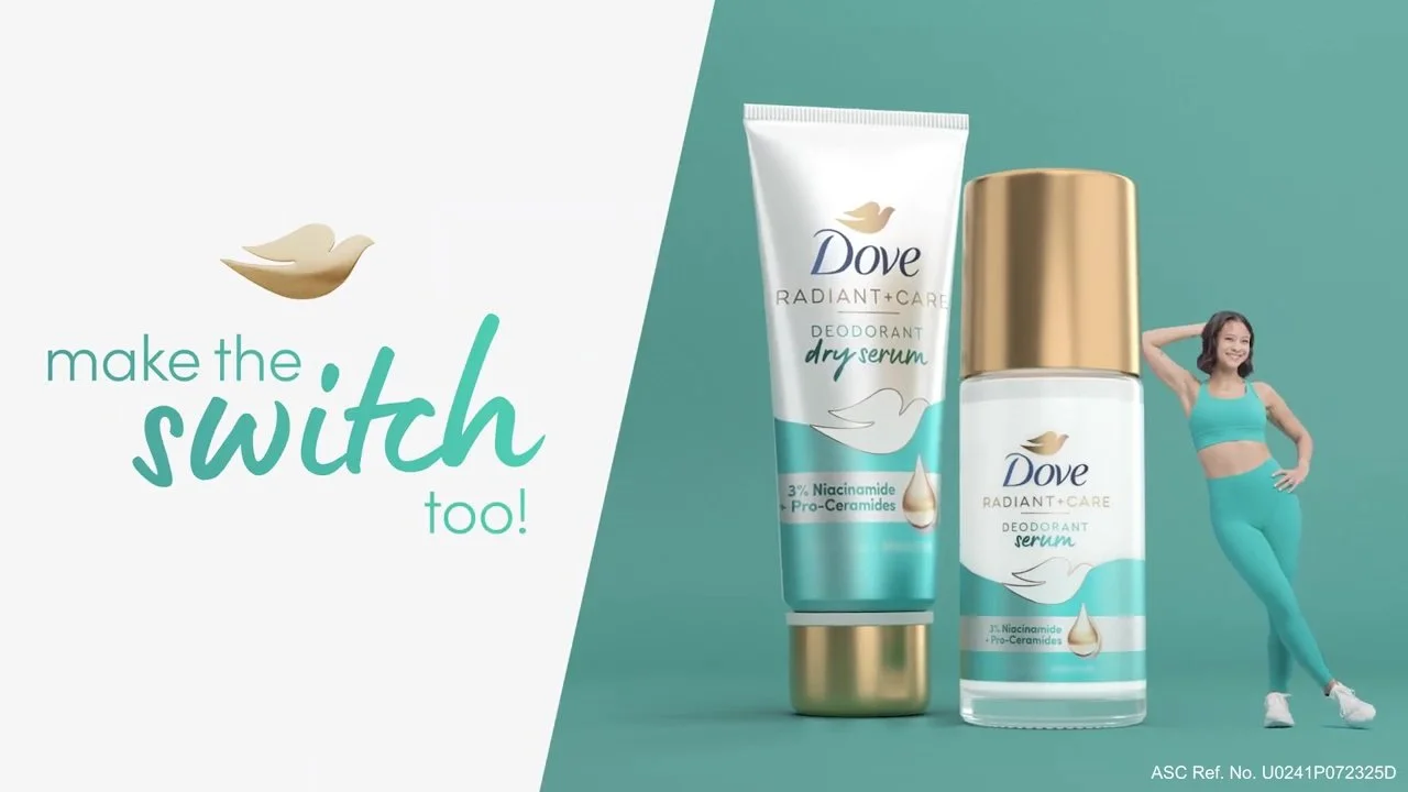 Dove deodorant products, a cream tube and a spray bottle, positioned next to a smiling woman in athletic wear, with the slogan "make the switch too!" and a dove logo.