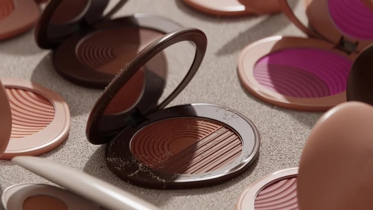 Assorted open compact makeup powders and blushes in various shades, some with mirrors, scattered on a textured surface.