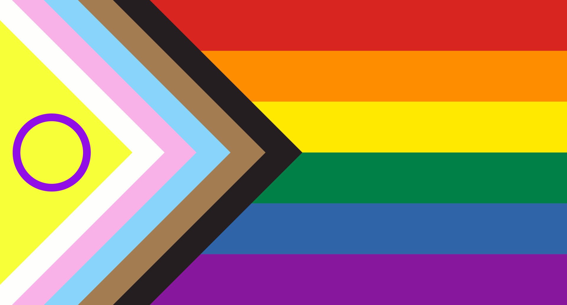 A stylized rainbow flag with black, brown, pink, blue, red, orange, yellow, green, blue, purple, and pink stripes, featuring a purple circle and a yellow triangle on the left side.