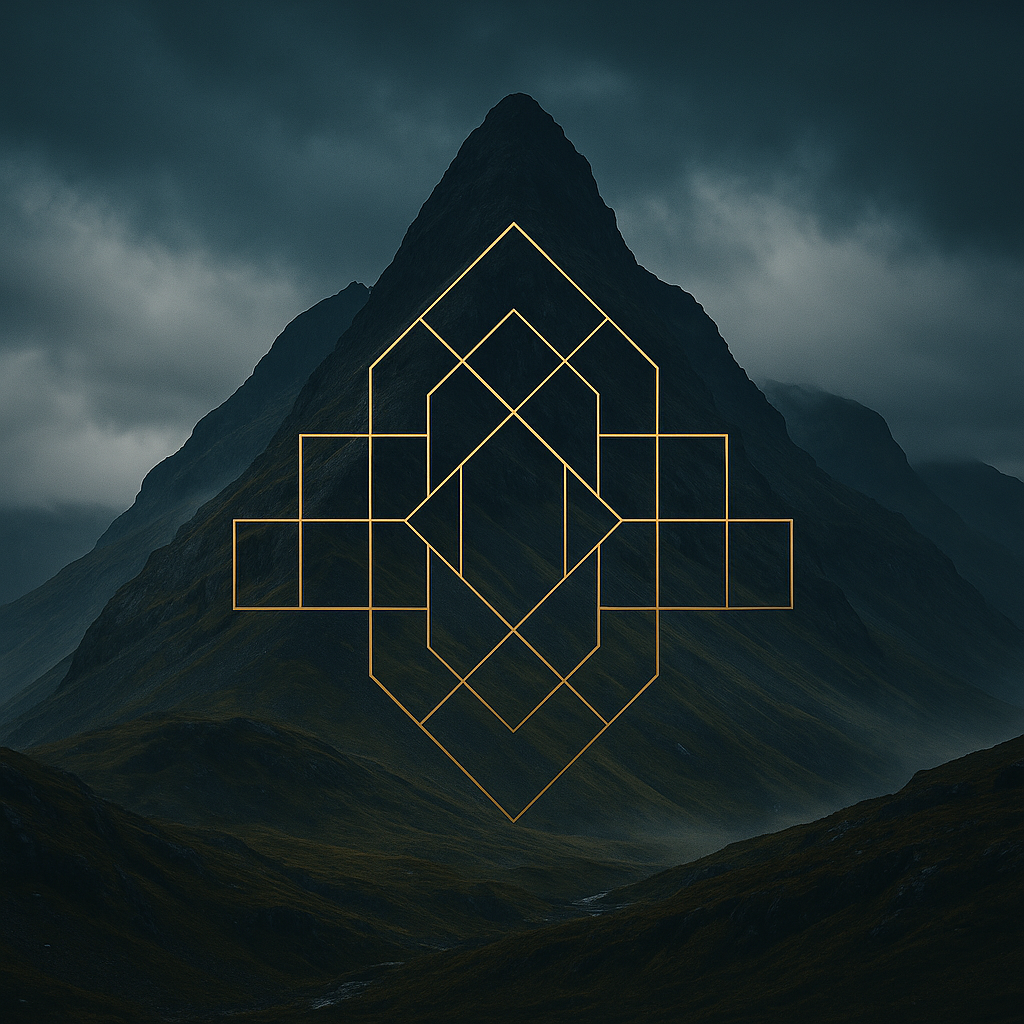 A dark mountain landscape with a pentagonal mountain peak, overlaid with glowing geometric lines forming a symmetrical pattern.