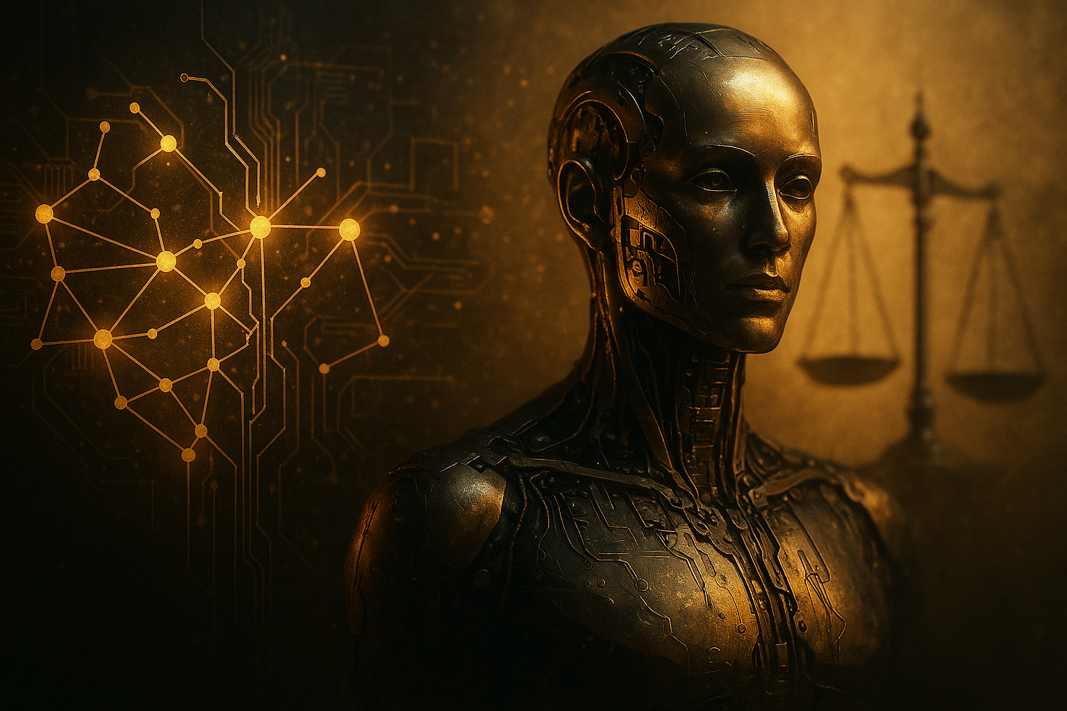 A robotic female bust with mechanical features and circuitry on her neck and face, against a background with abstract circuit patterns and a scale in the distance.