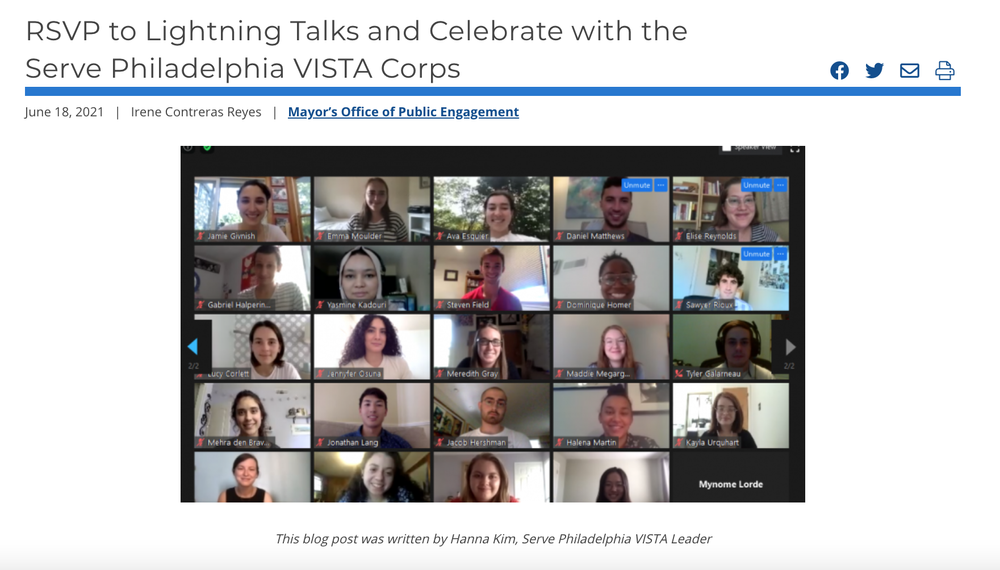 Screenshot of blog post: "RSVP to Lightning Talks and Celebrate with the Serve Philadelphia VISTA Corps"
