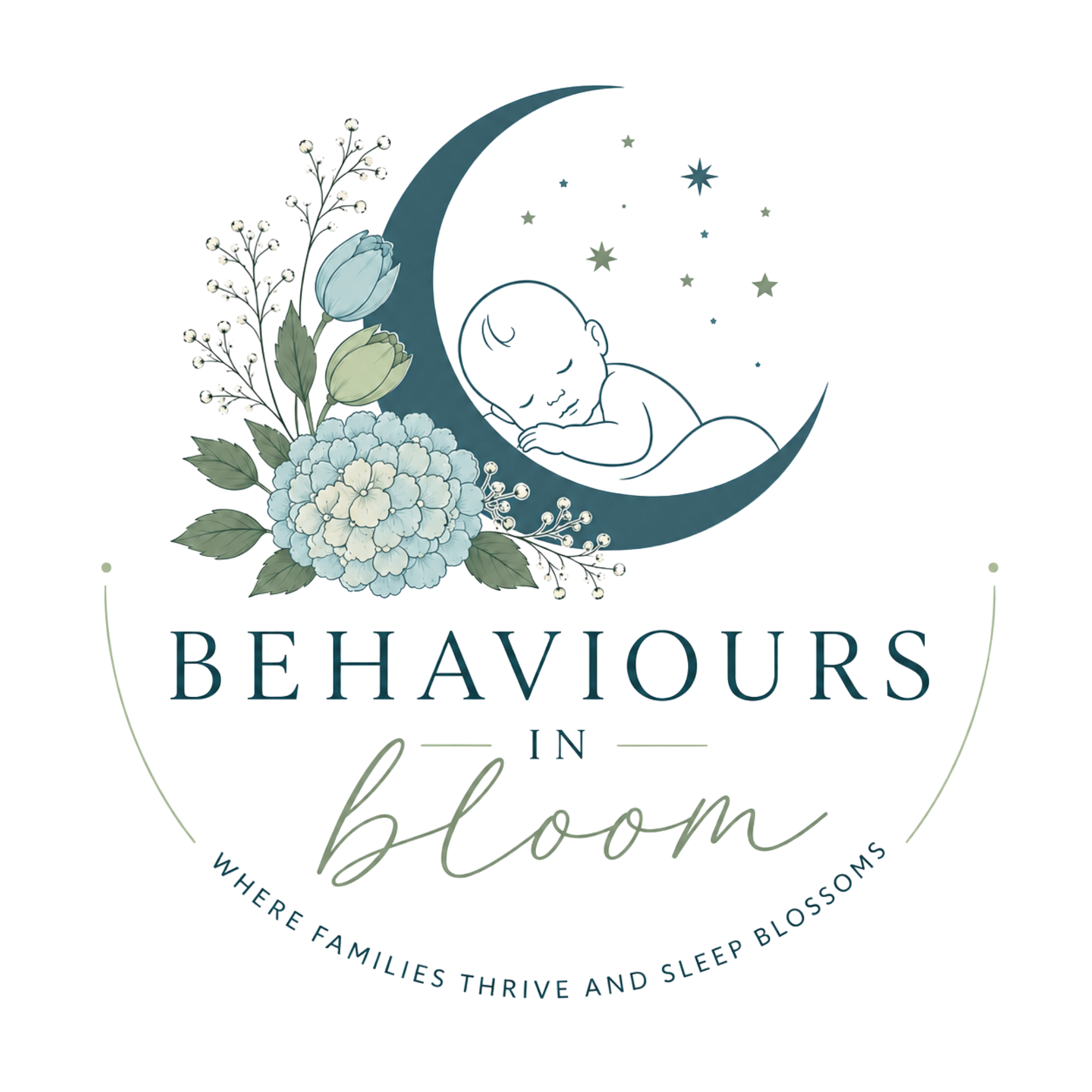 Stylized logo for 'Beauty & Behavior' featuring a crescent moon with floral designs and the text in a contemporary font.