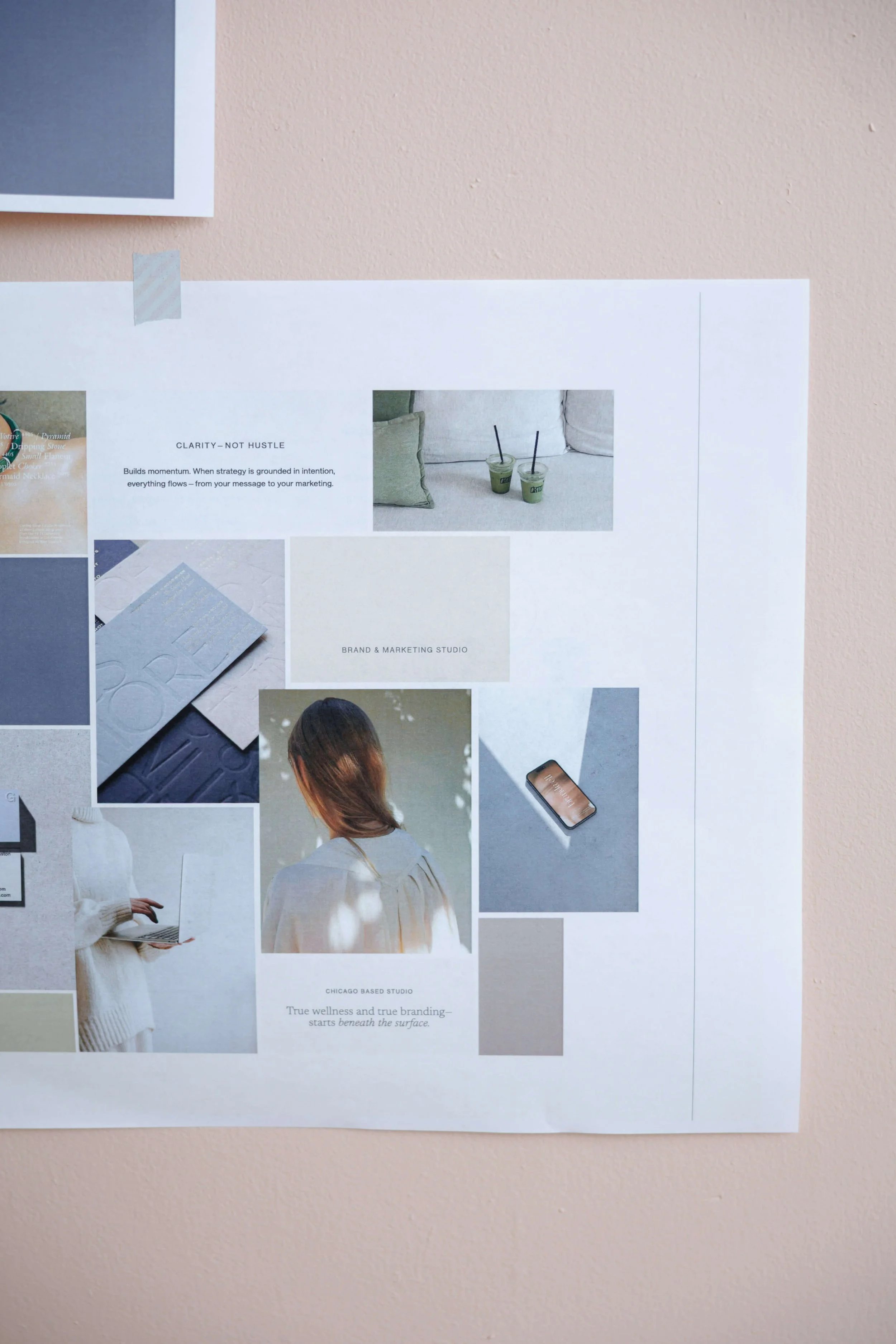 A collage of various photographs and text snippets about branding, marketing, and wellness, with a focus on clean, minimalist design and natural tones.