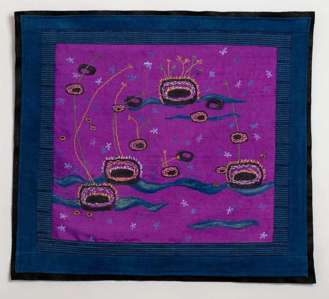 Cosmic Chatter: Block printing, wool felt, and embroidery, 22½” x 20”